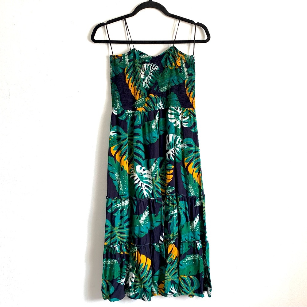 Dream Of Me Tropical Print Smocked Tube Top Tiered Midi Dress